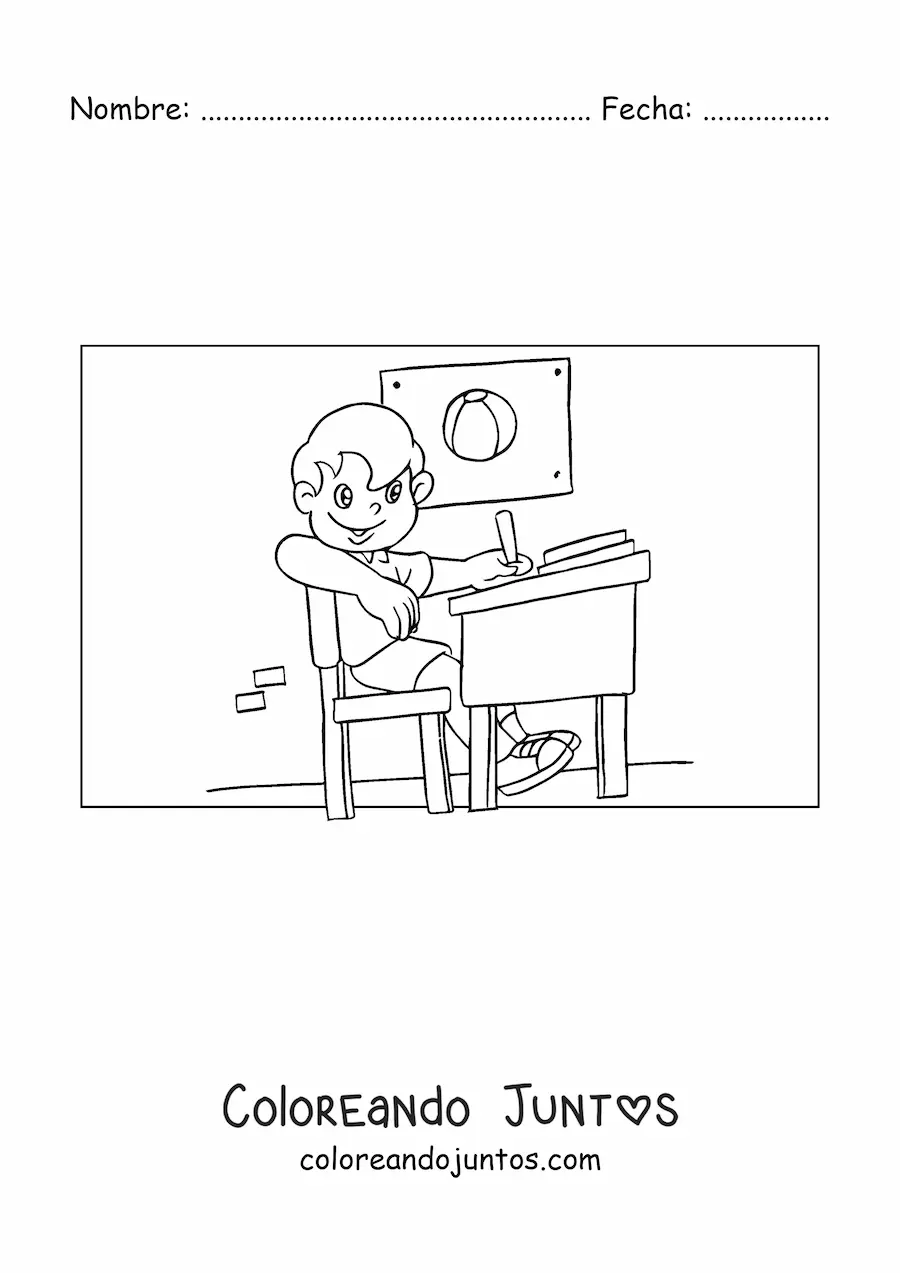 Imagen para colorear de un niño haciendo tarea en el salón
