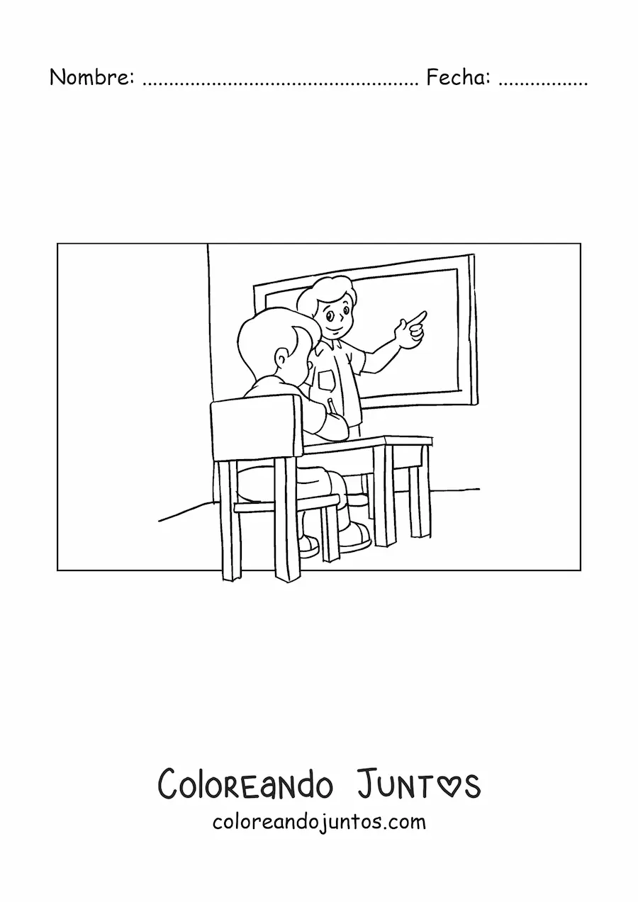 Imagen para colorear de un maestro dando clase a un alumno en el salón