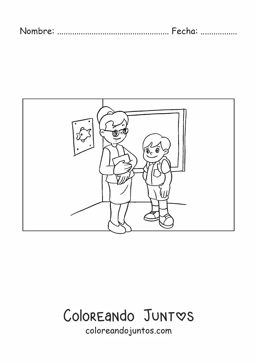 Imagen para colorear de una maestra y un alumno en el salón de primaria