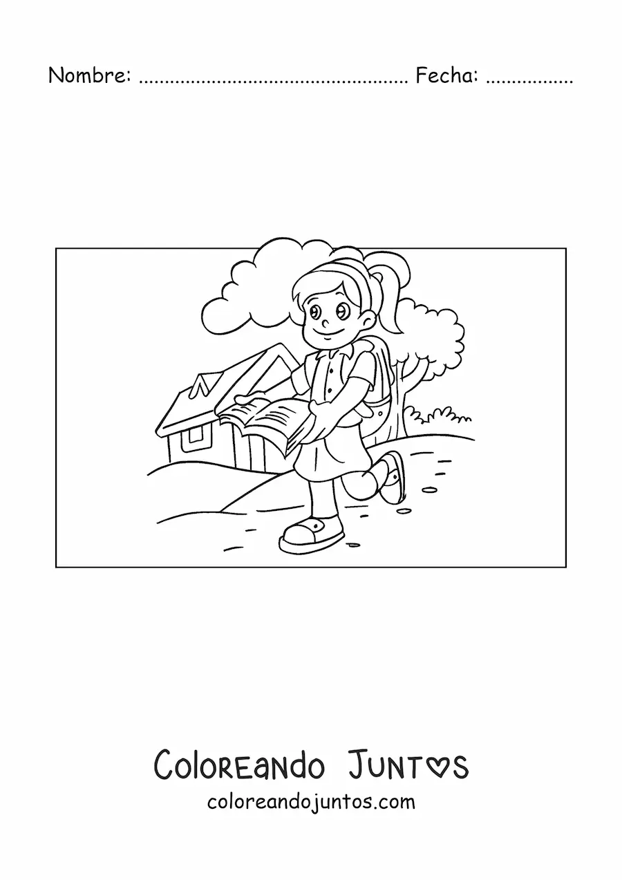 Imagen para colorear de una niña con un libro para hacer la tarea