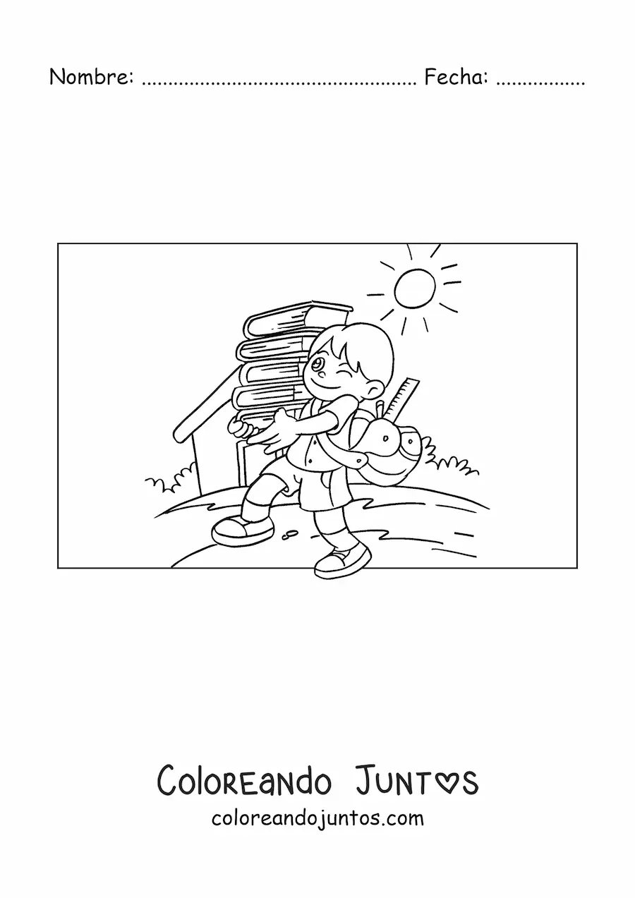 Imagen para colorear de un niño cargando libros para hacer la tarea