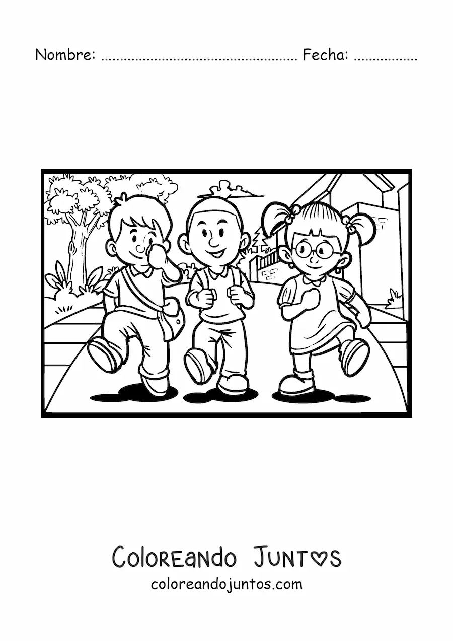 Imagen para colorear de tres niños caminando a la escuela