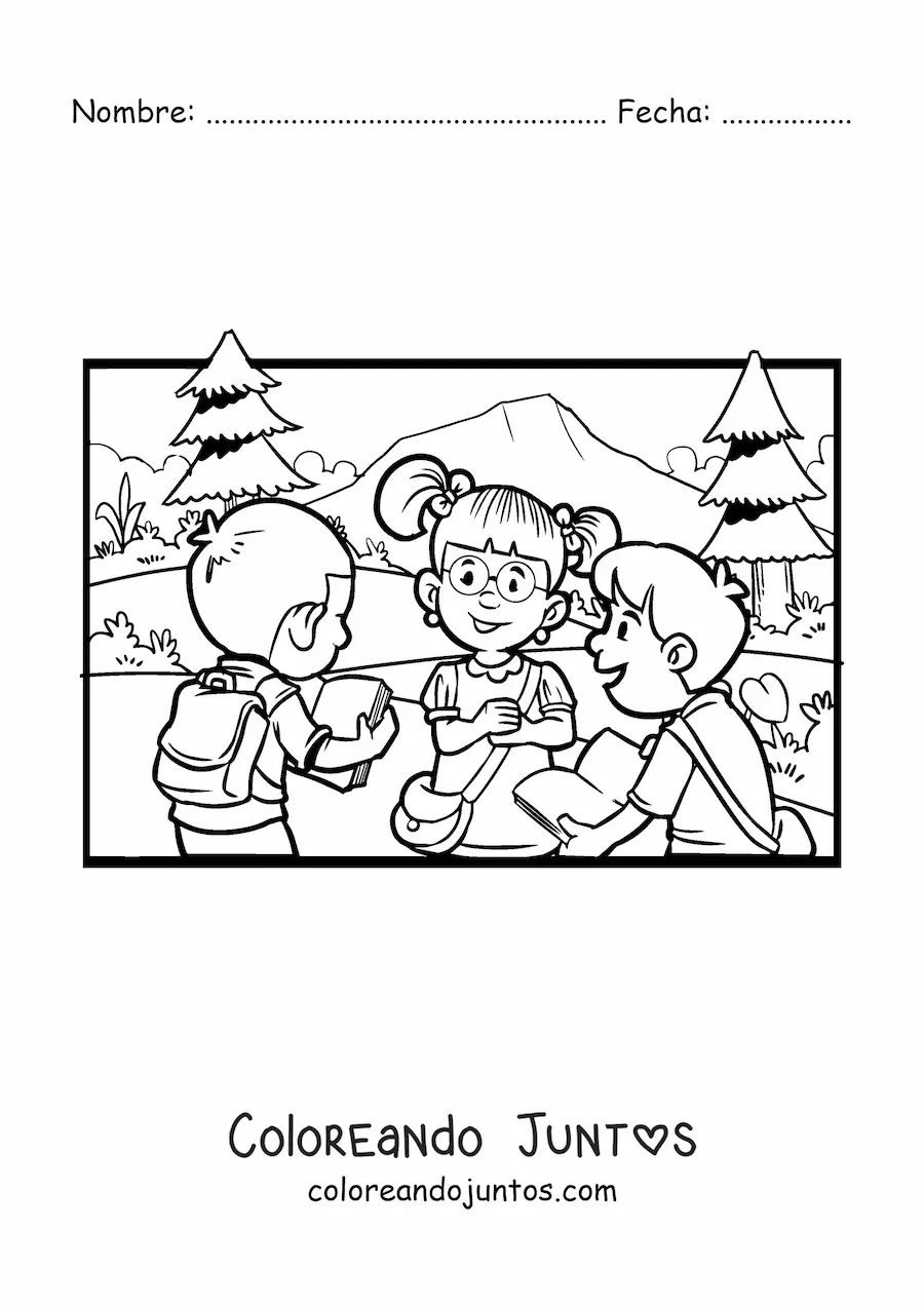 Imagen para colorear de tres niños en el patio de la escuela