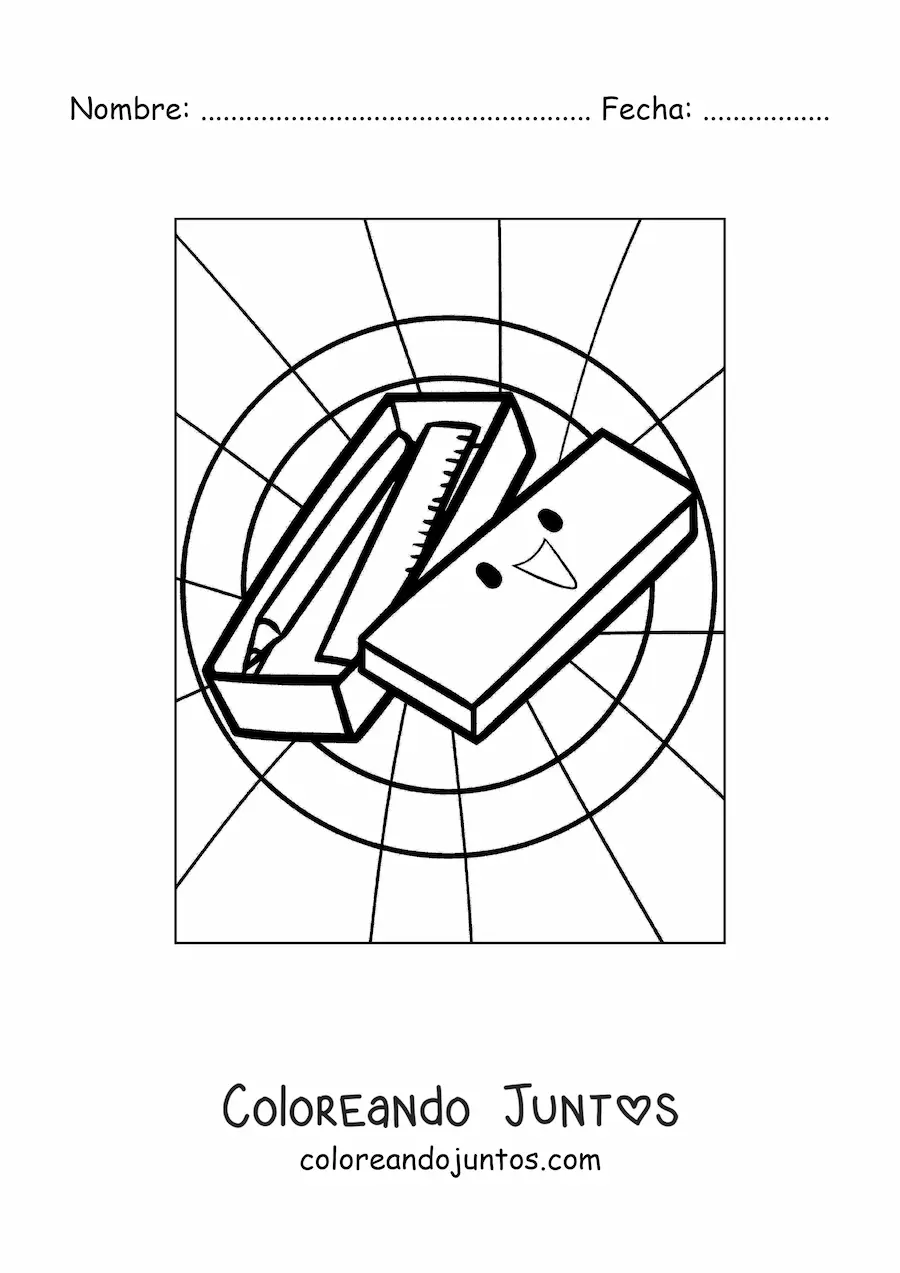 Imagen para colorear de varios útiles escolares kawaii