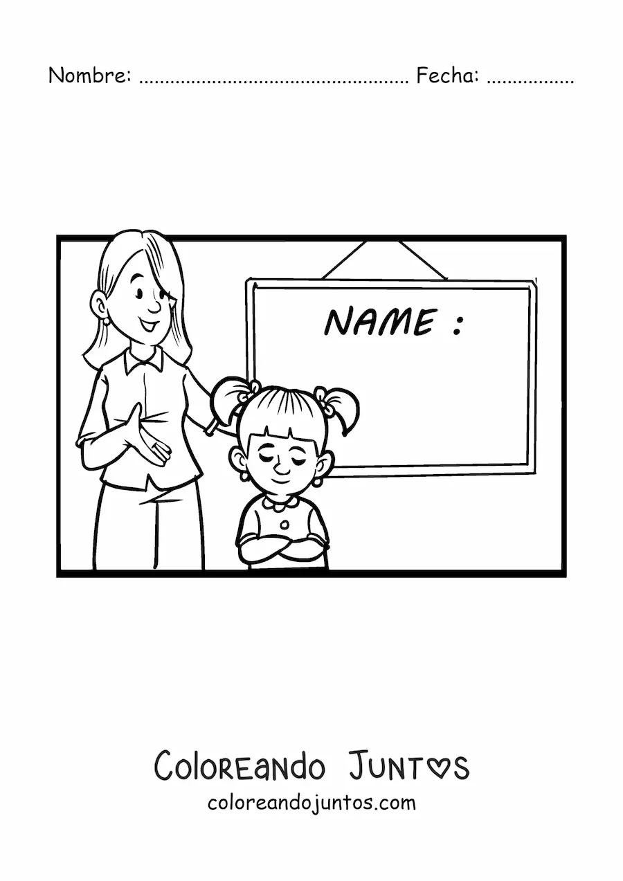 Imagen para colorear de una maestra y una alumna junto a una pizarra