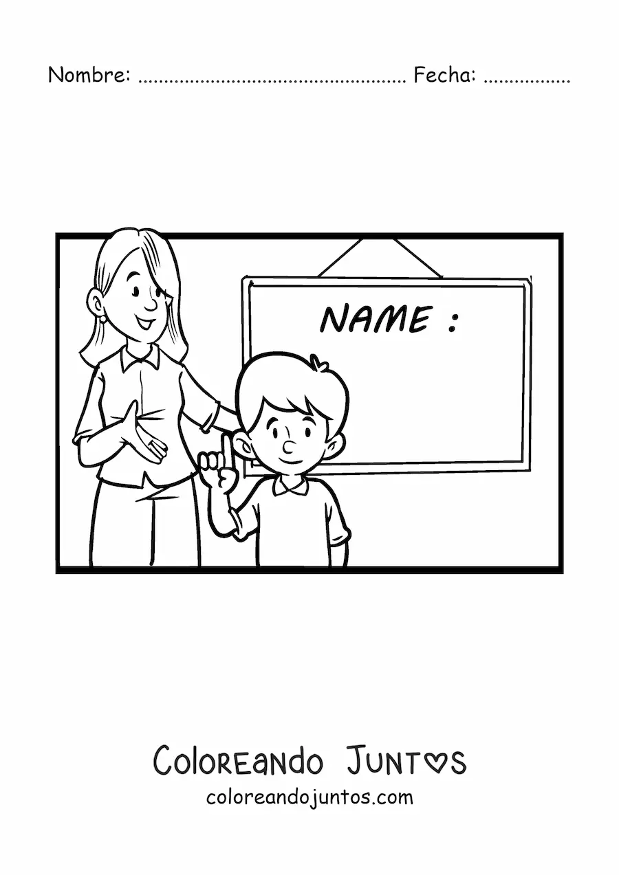 Imagen para colorear de una maestra y un alumno junto a una pizarra
