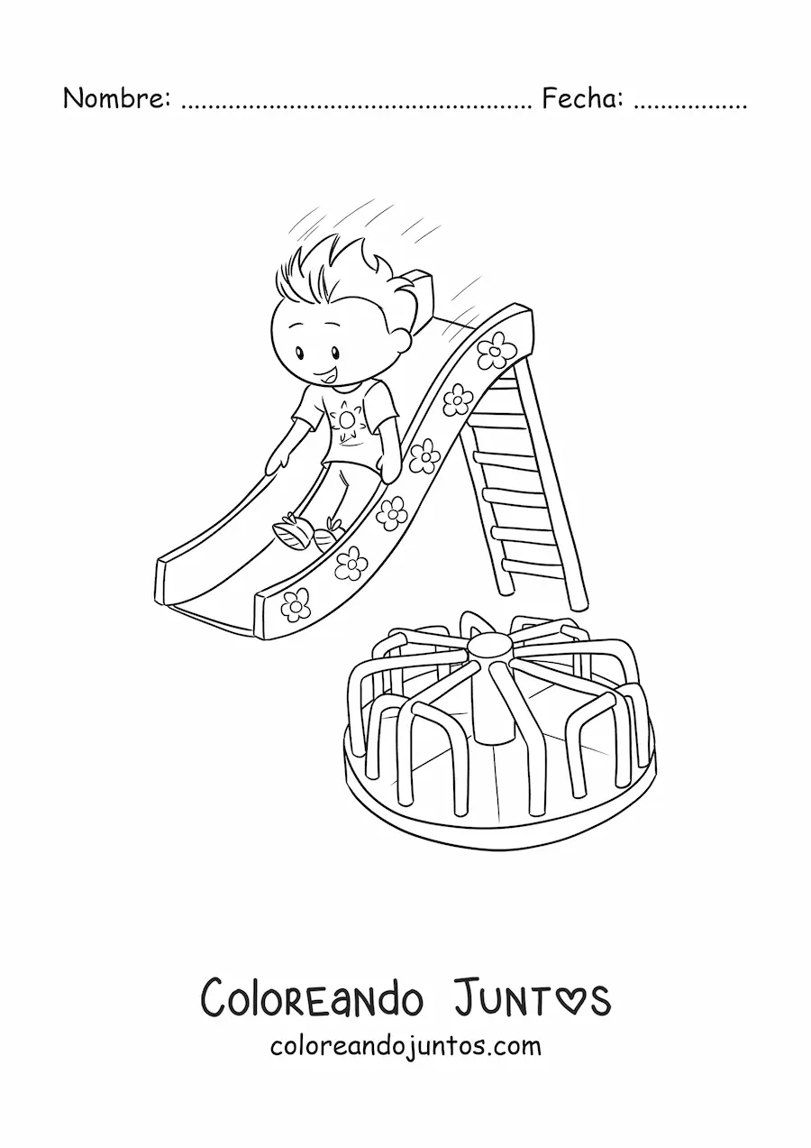 Imagen para colorear de un niño deslizándose por el tobogán del parque