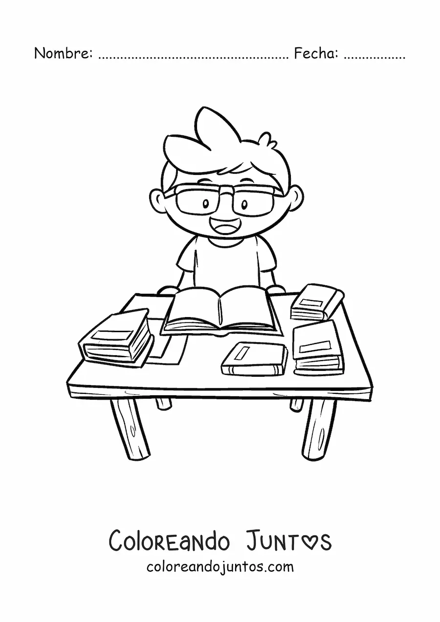 Imagen para colorear de un niño haciendo tarea en la biblioteca escolar