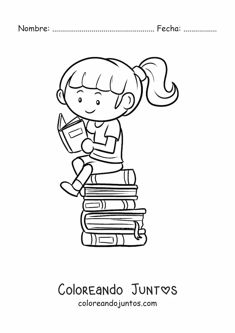 Imagen para colorear de una niña leyendo sentada sobre una pila de libros