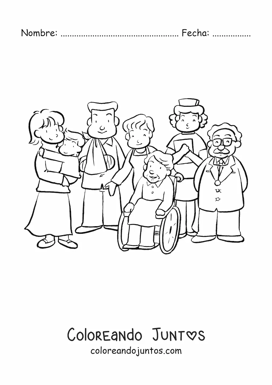 Imagen para colorear de varios pacientes junto al personal del hospital