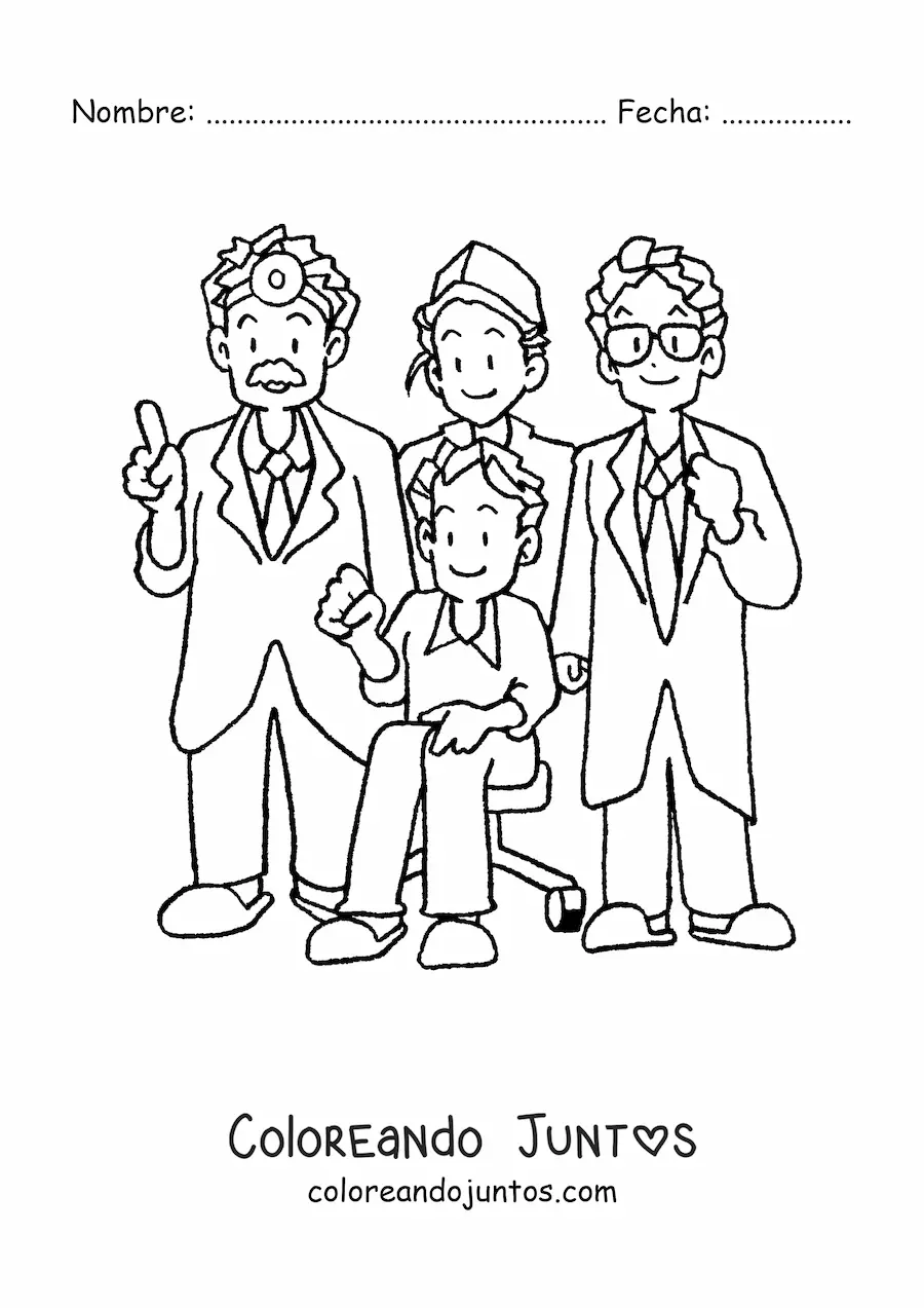Imagen para colorear de tres doctores y un paciente