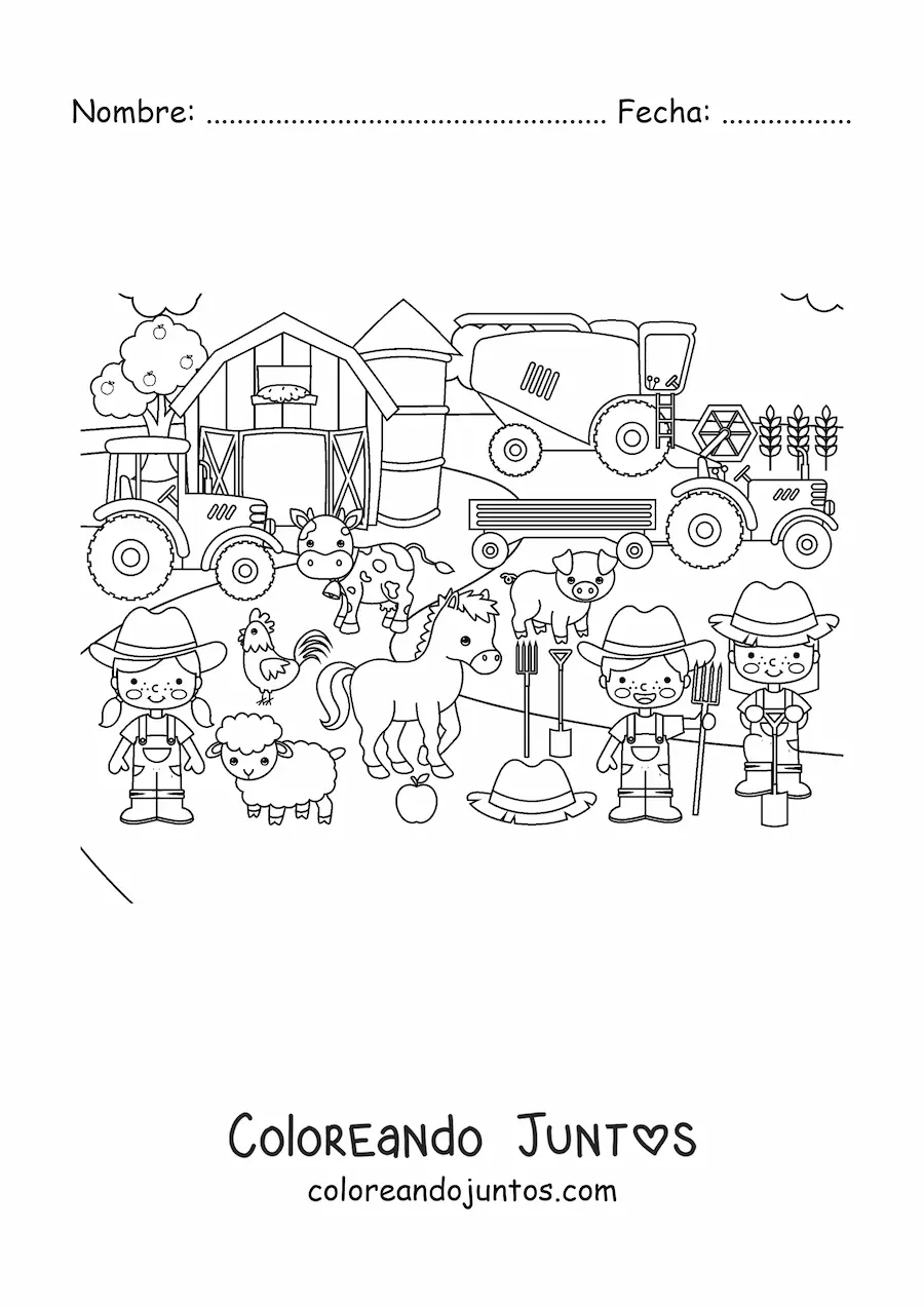 Imagen para colorear de una granja kawaii