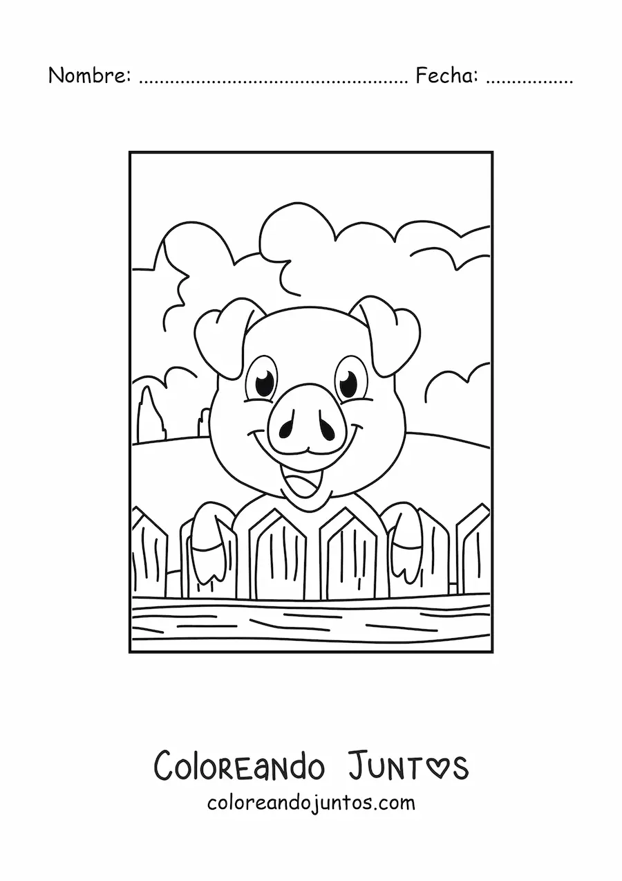Imagen para colorear de un cerdo animado en la granja