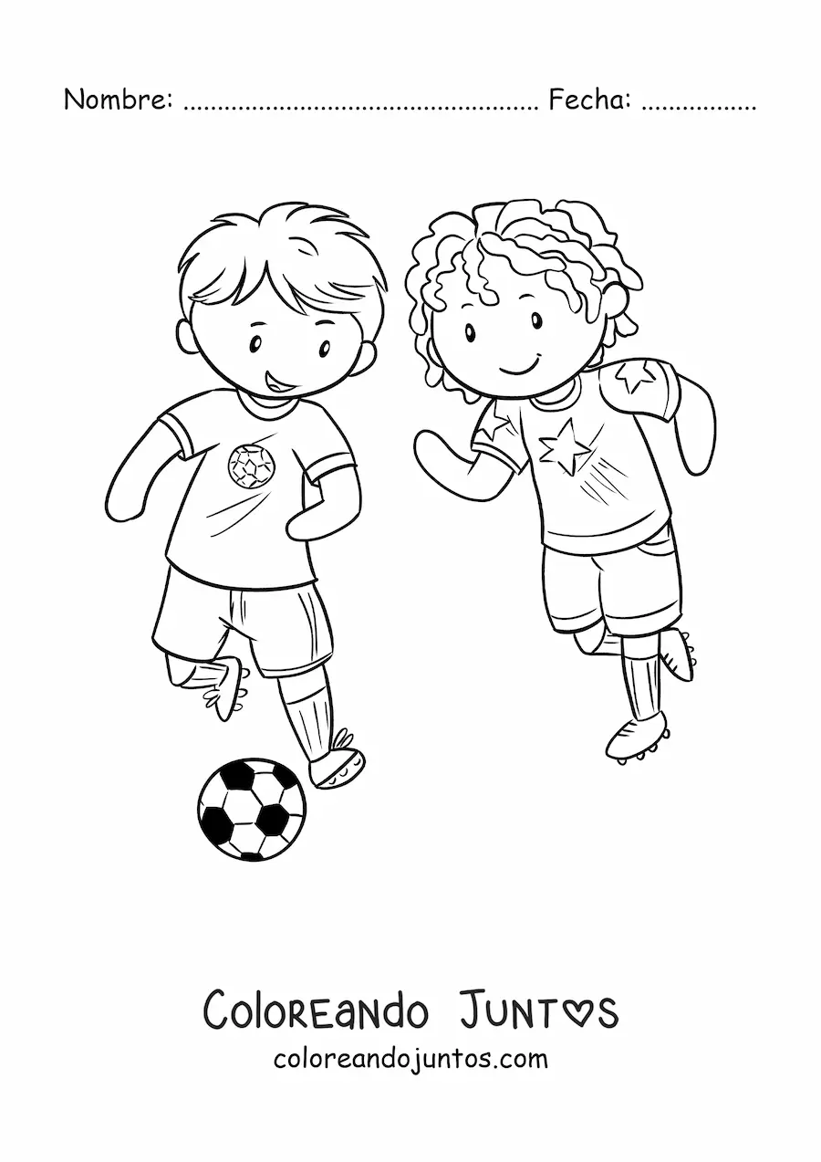 Imagen para colorear de una niña y un niño jugando fútbol