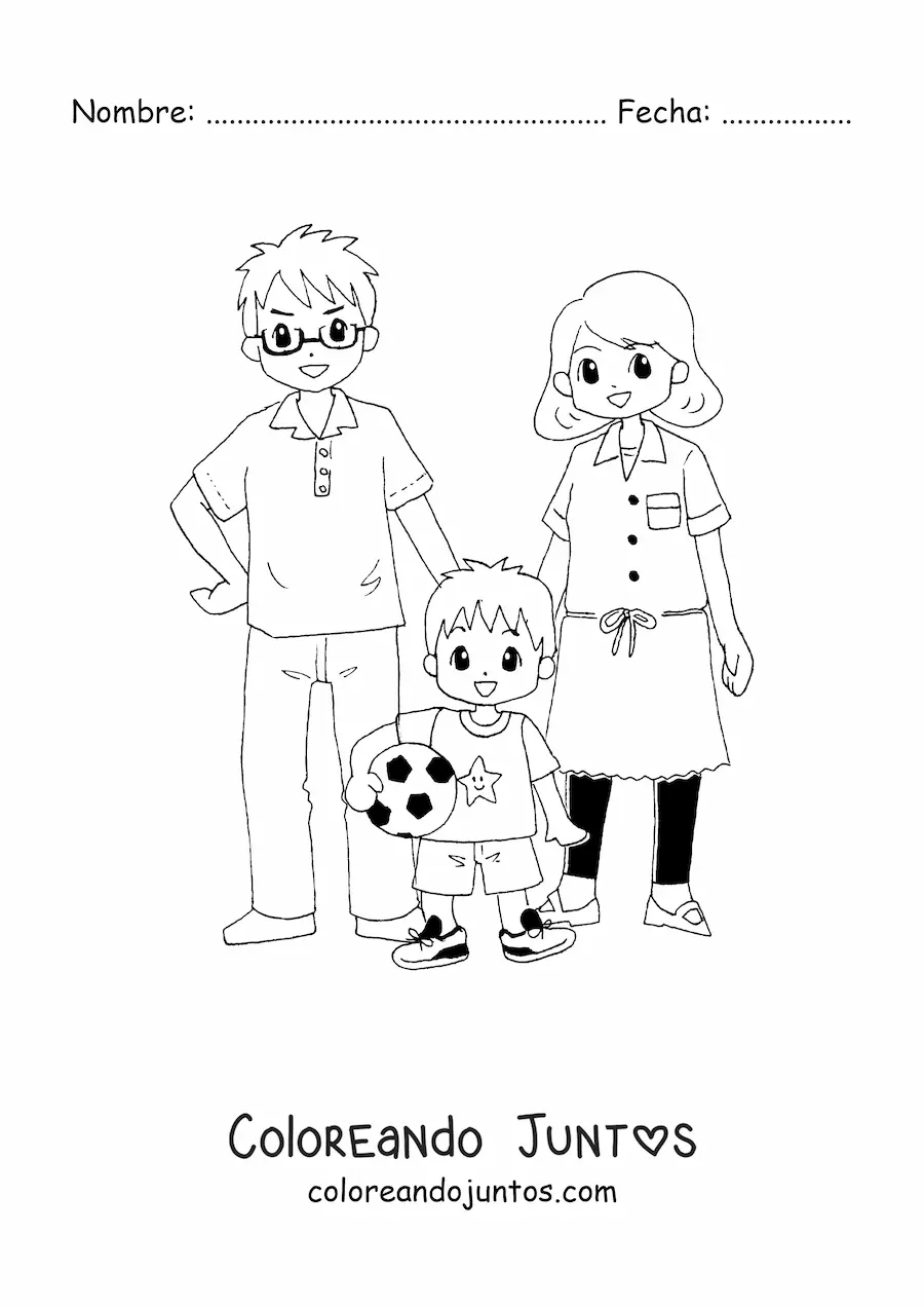 Imagen para colorear de un niño futbolista junto a sus padres