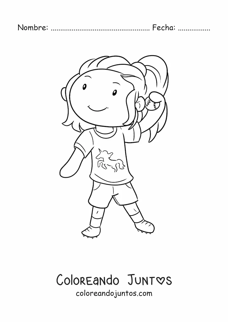 Imagen para colorear de una niña jugando béisbol