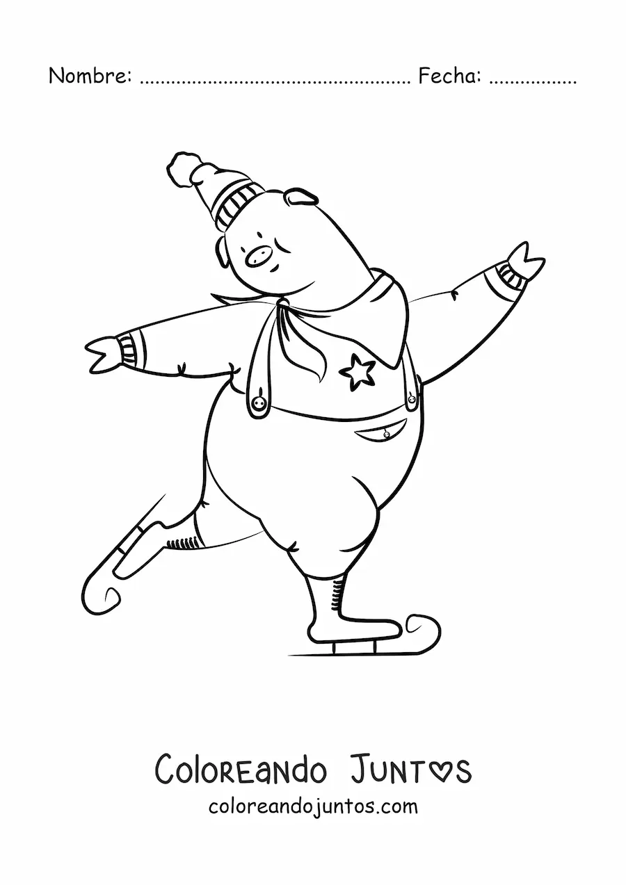 Imagen para colorear de un cerdo animado patinando sobre hielo