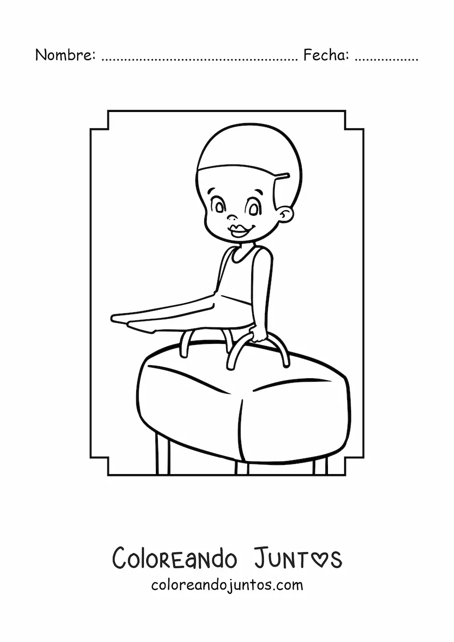 Imagen para colorear de una niña gimnasta kawaii en el potro