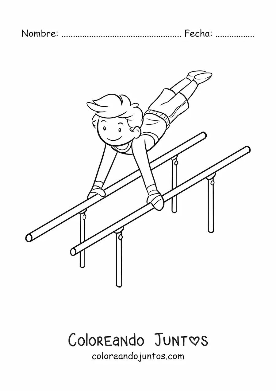 Imagen para colorear de un niño gimnasta en las barras paralelas