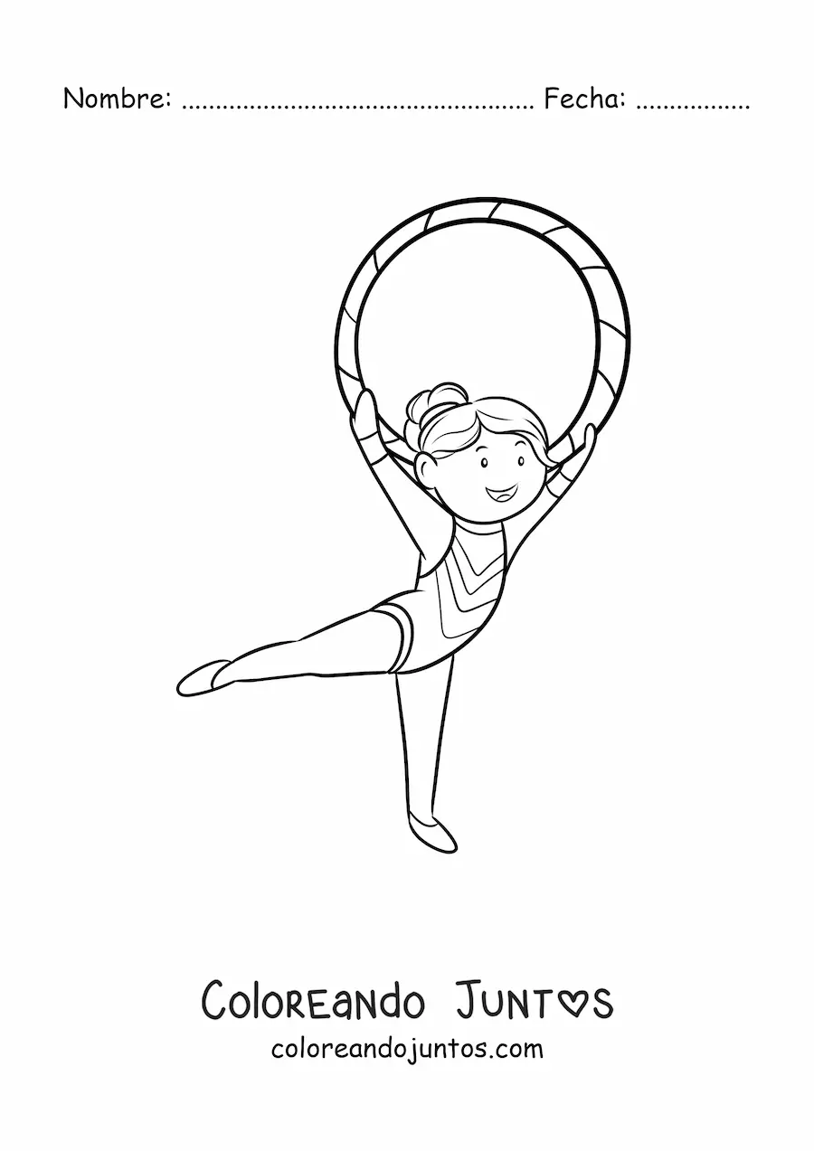 Imagen para colorear de una niña practicando gimnasia rítmica con aro