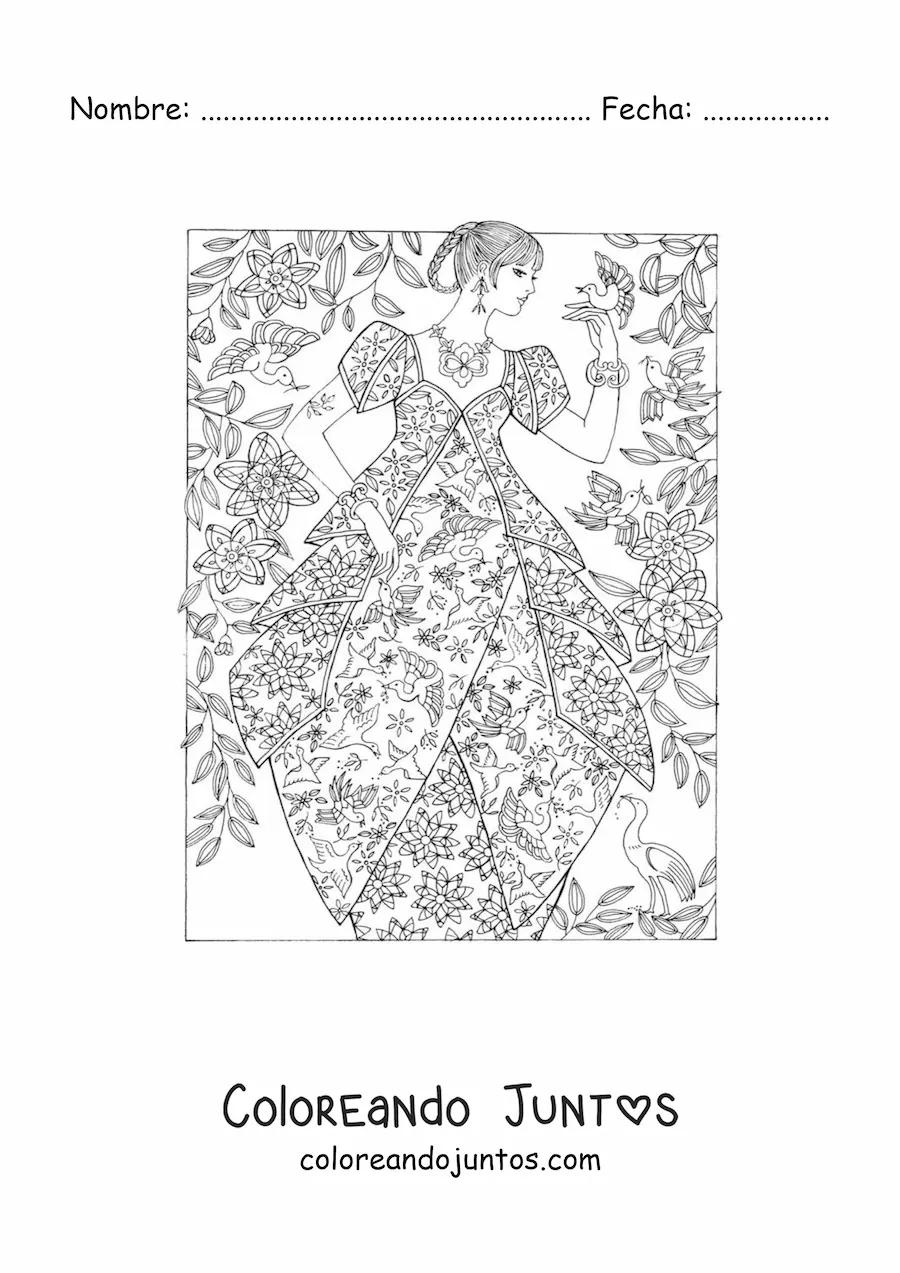 Imagen para colorear de una mujer con un vestido de época