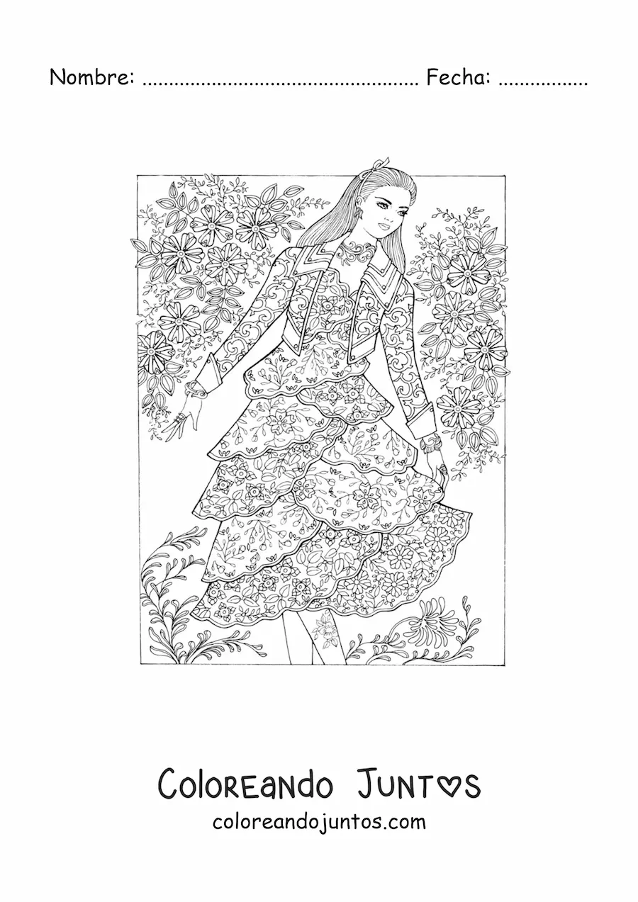 Imagen para colorear de una modelo con un vestido de mandala