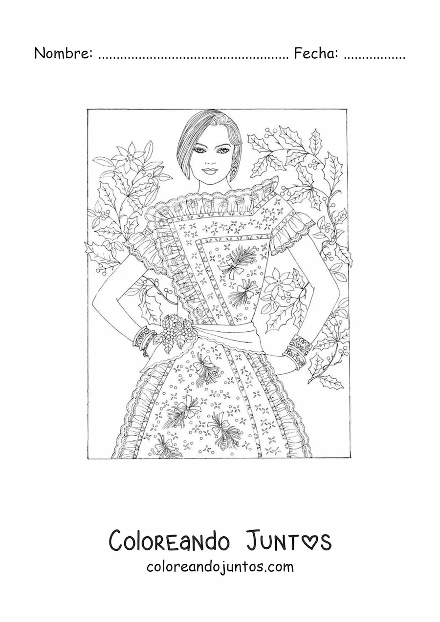 Imagen para colorear de una modelo con un vestido estampado