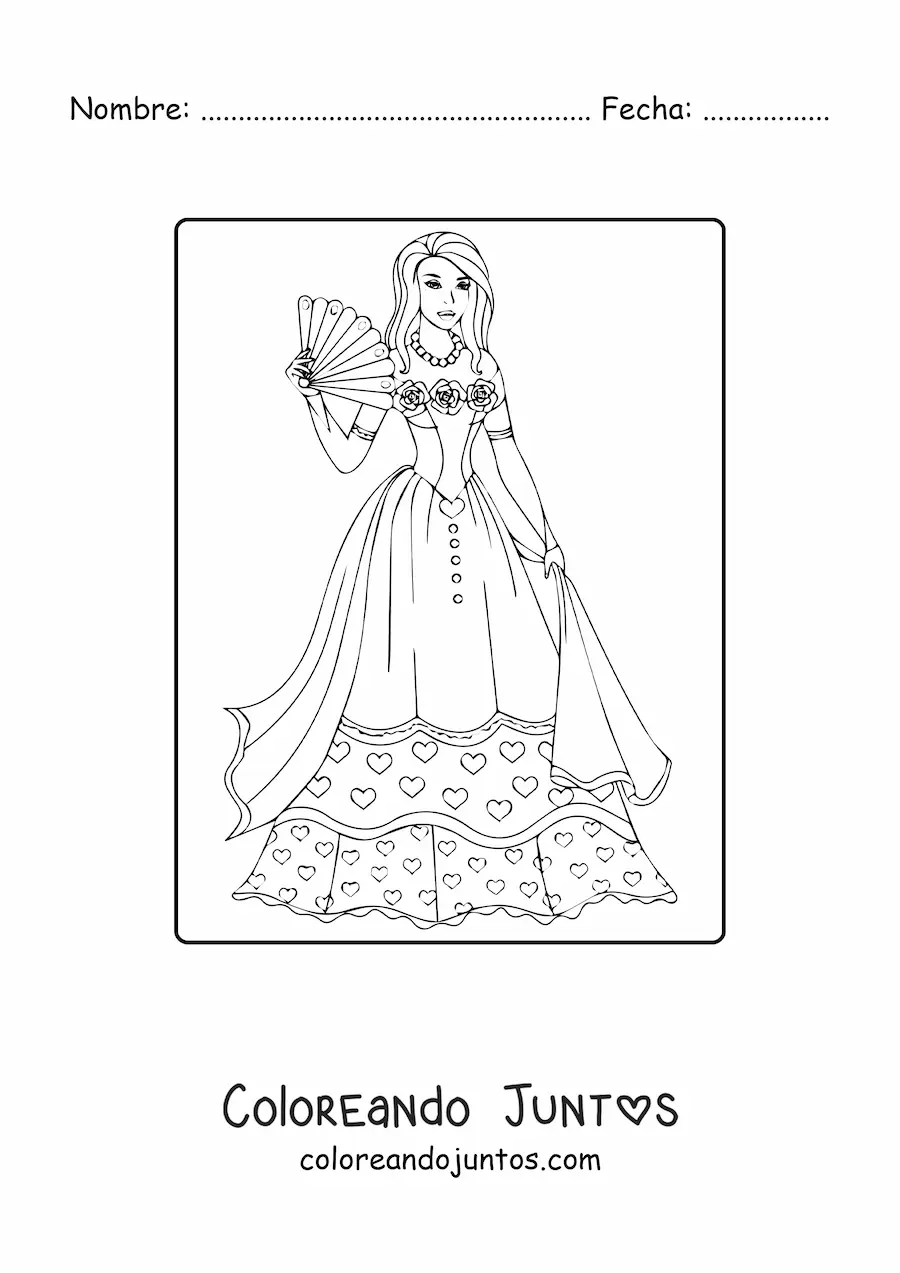 Imagen para colorear de una princesa con un vestido y un abanico