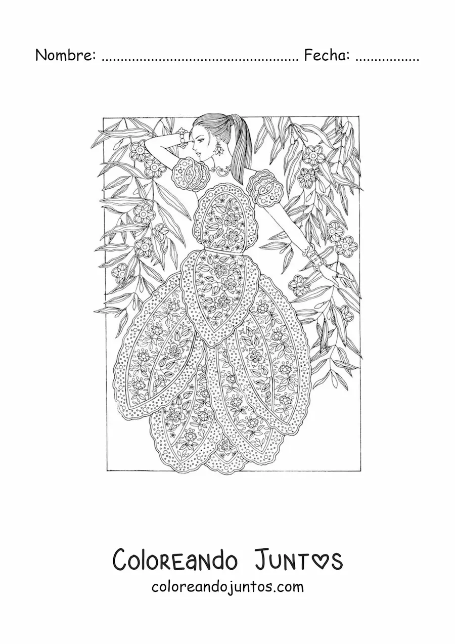 Imagen para colorear de una modelo y un vestido estampado con mandalas