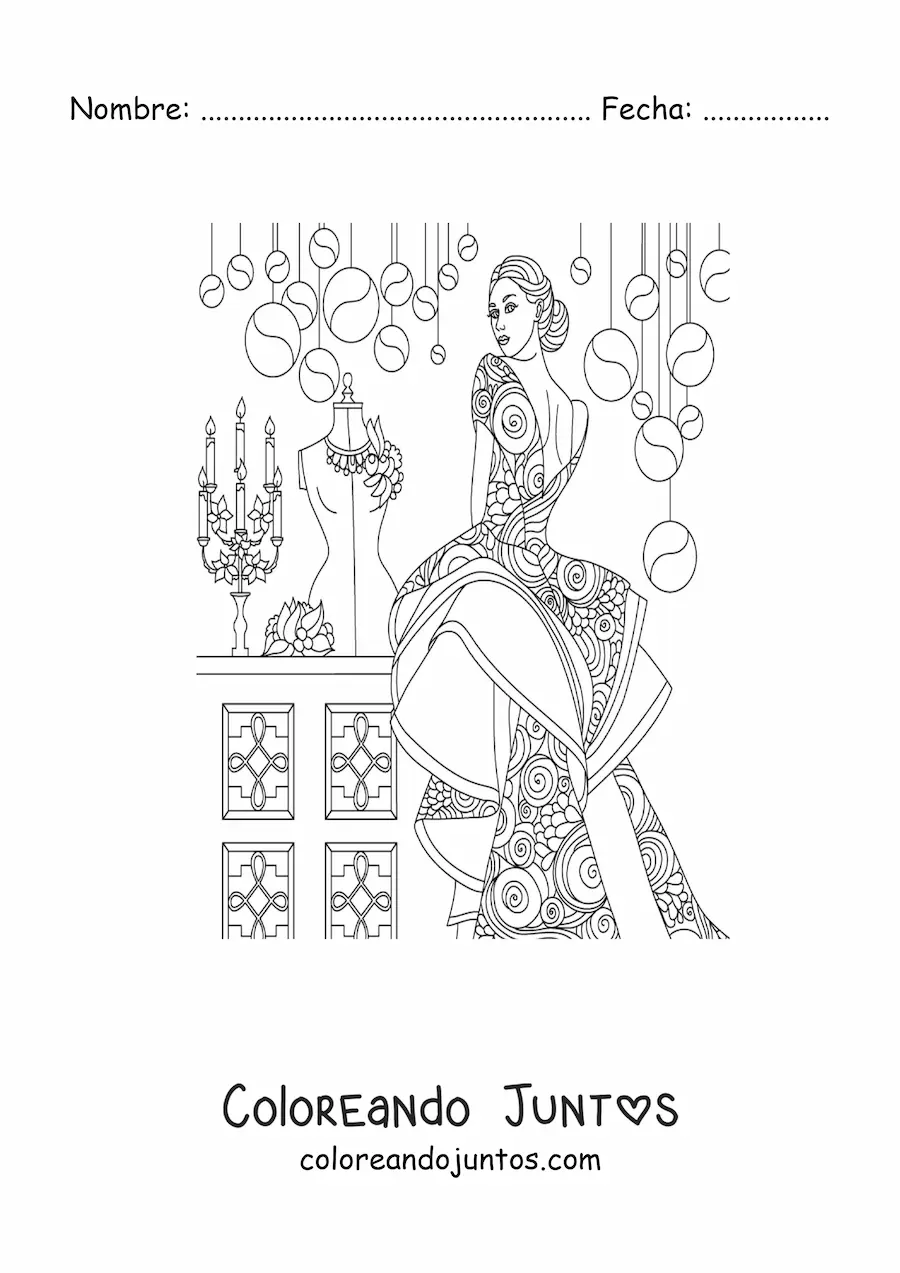 Imagen para colorear de una mujer con un vestido de gala