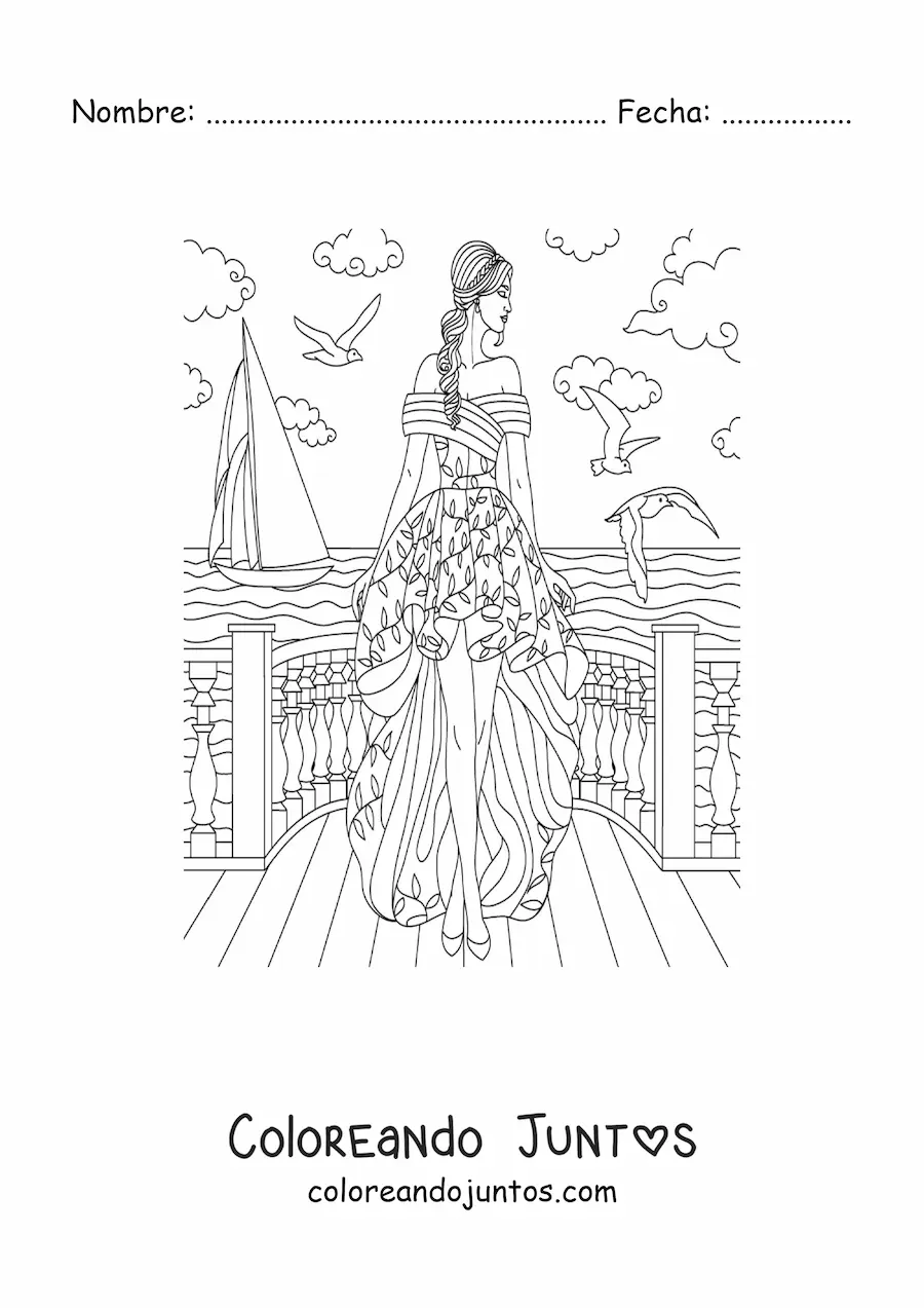 Imagen para colorear de una modelo con un vestido de fiesta