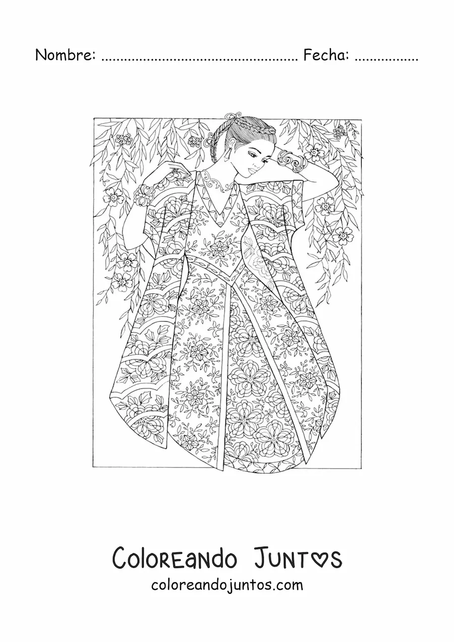 Imagen para colorear de una modelo con un vestido estilo oriental