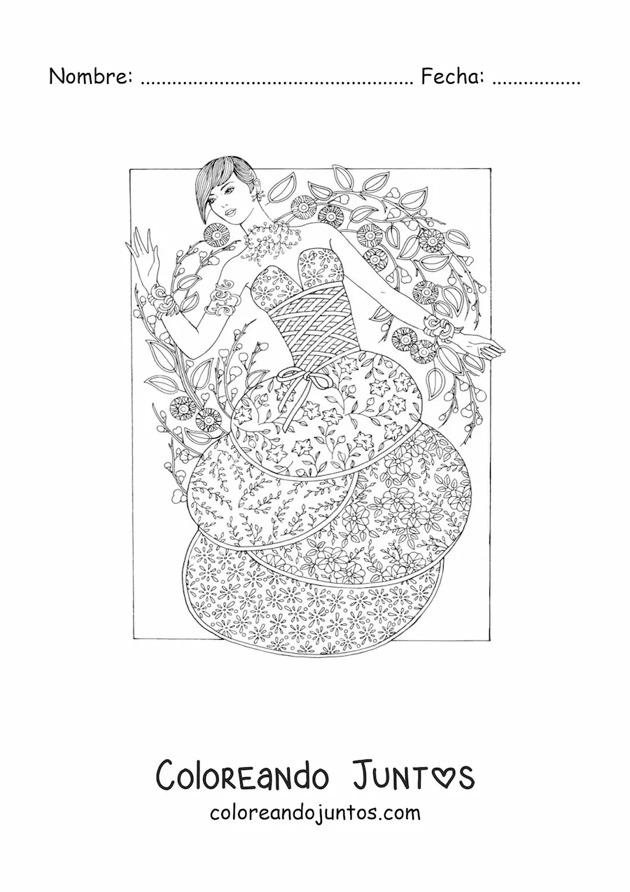 Imagen para colorear de una modelo con un vestido floreado