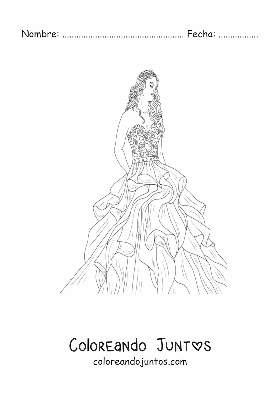 Imagen para colorear de una modelo con un vestido estilo princesa