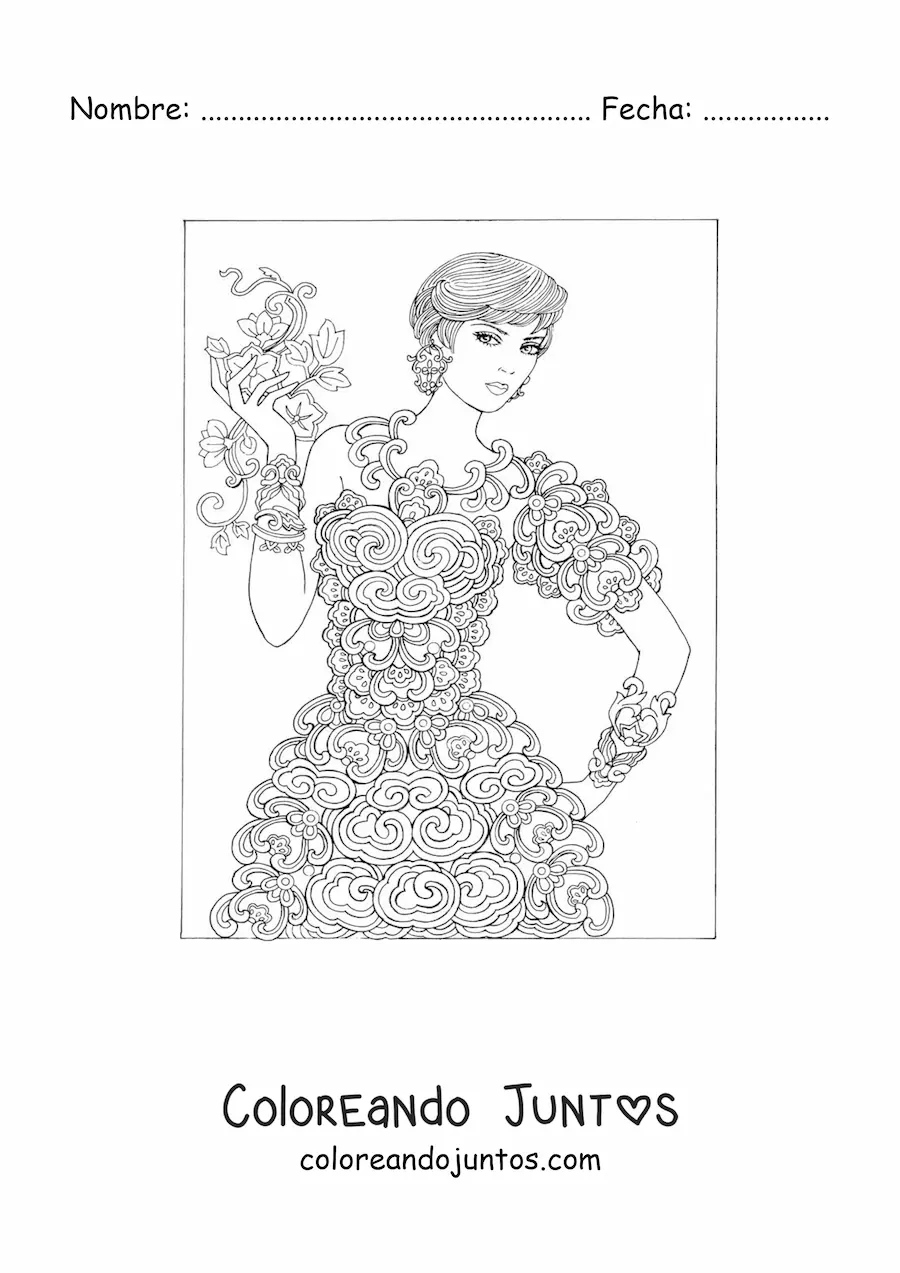 Imagen para colorear de una modelo con vestido de flores