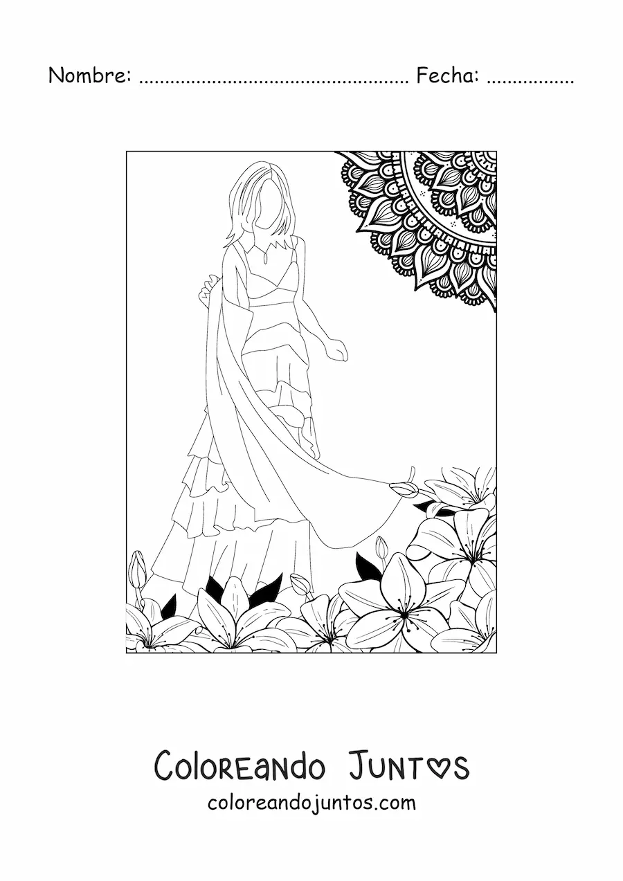 Imagen para colorear de una modelo con un vestido de moda casual
