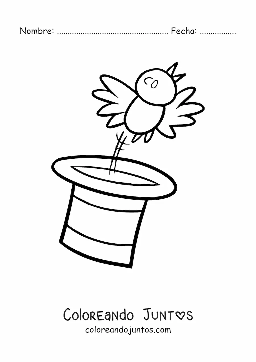 Imagen para colorear de un ave volando saliendo del sombrero de un mago