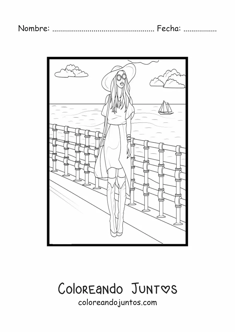 Imagen para colorear de una chica con un sombrero de verano