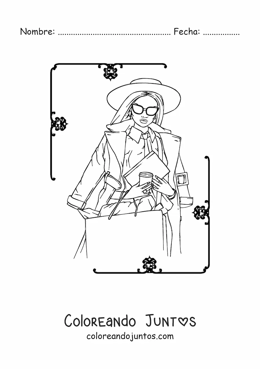 Imagen para colorear de una chica con un sombrero de ala larga