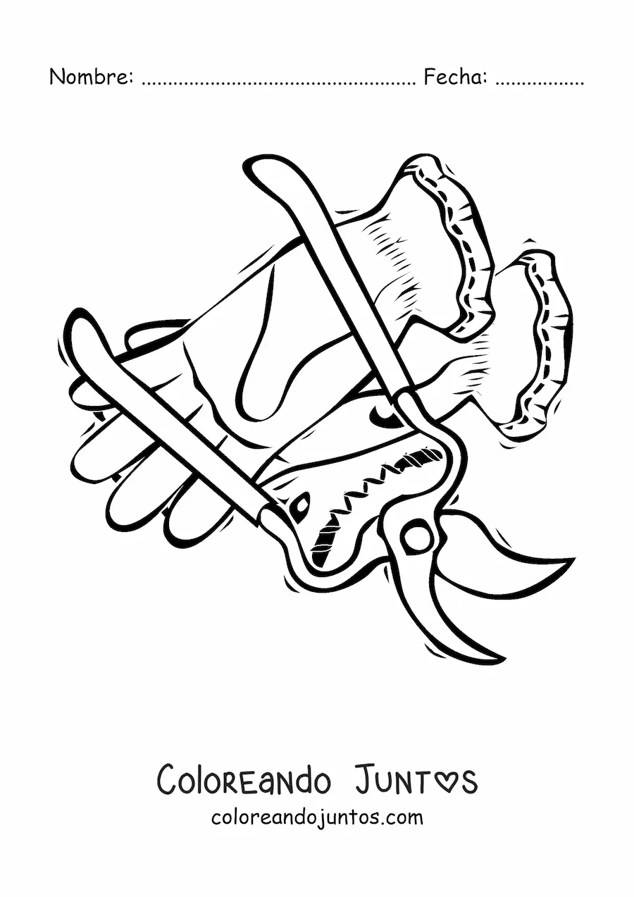 Imagen para colorear de un par de guantes y unas tijeras de jardinería