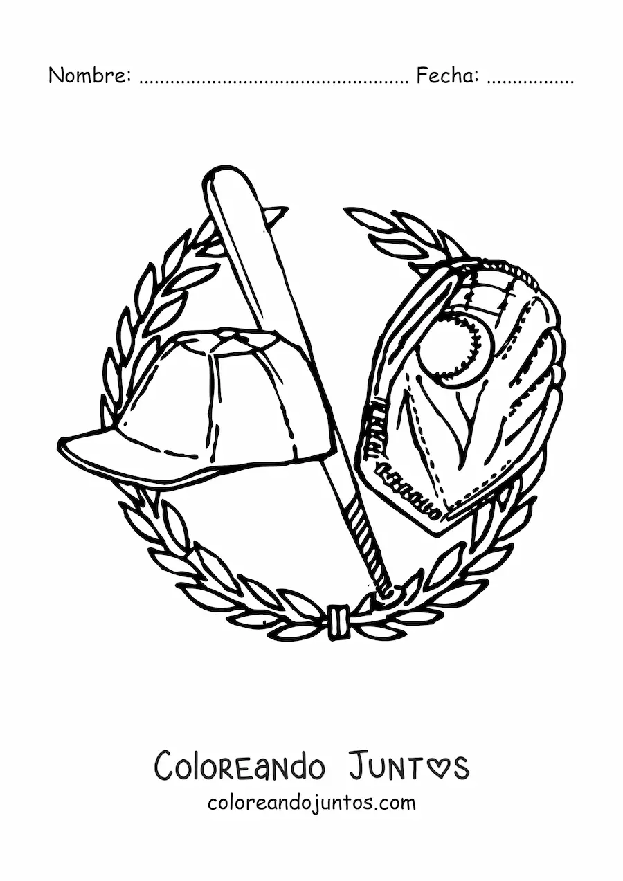 Imagen para colorear de un guante un bate y una cachucha de béisbol