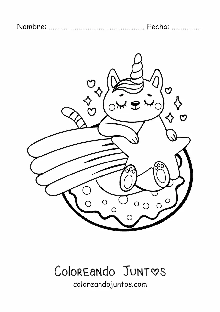Imagen para colorear de un gato unicornio en estrella fugaz