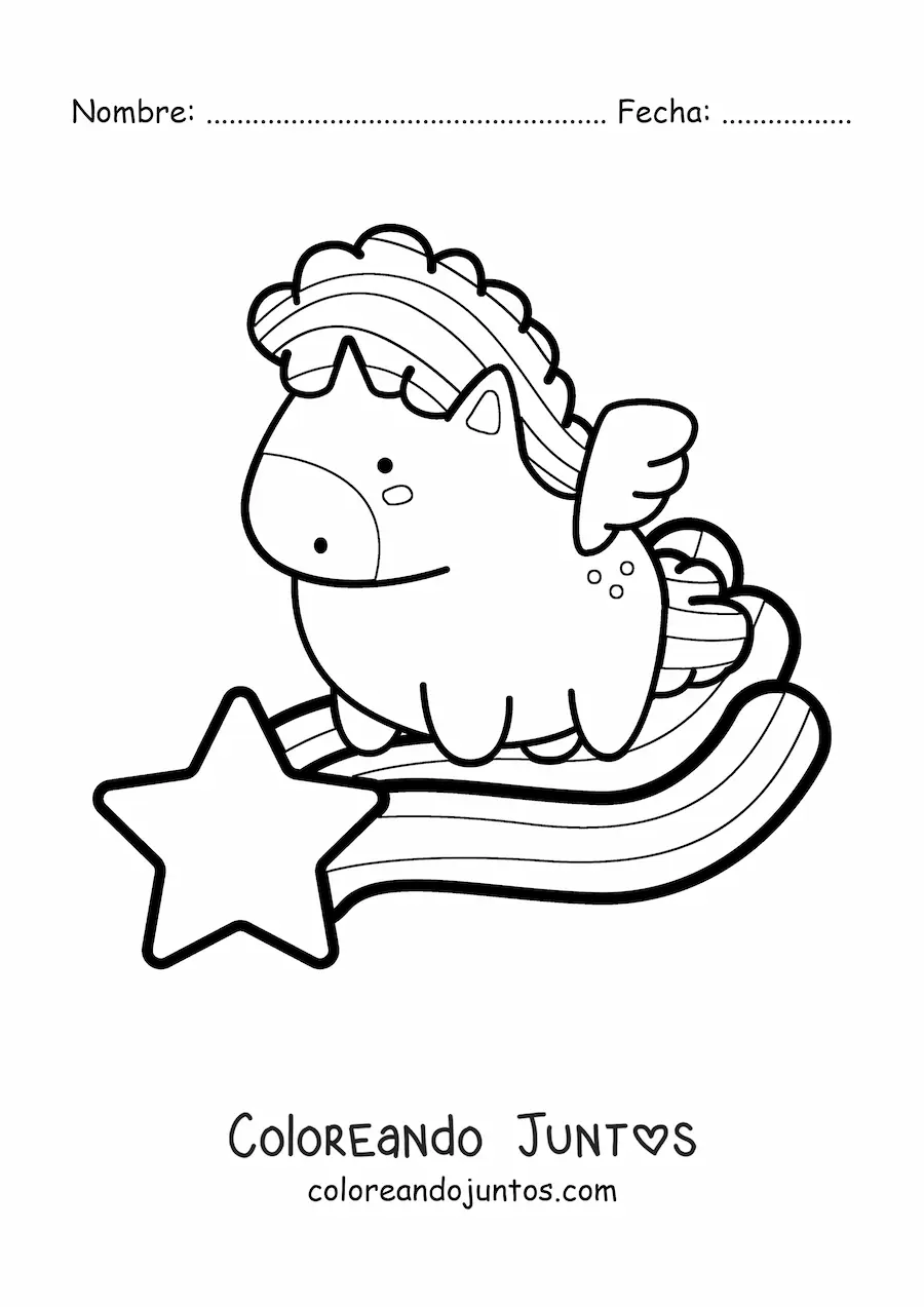 Imagen para colorear de un pegaso kawaii volando sobre estrella fugaz