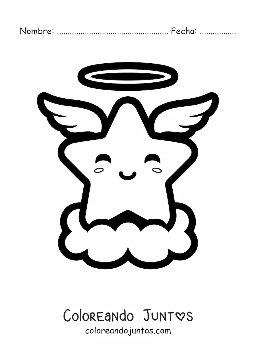 Imagen para colorear de una estrella con alas de ángel kawaii