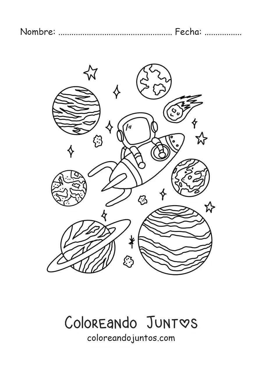 Imagen para colorear de un astronauta y planetas del sistema solar