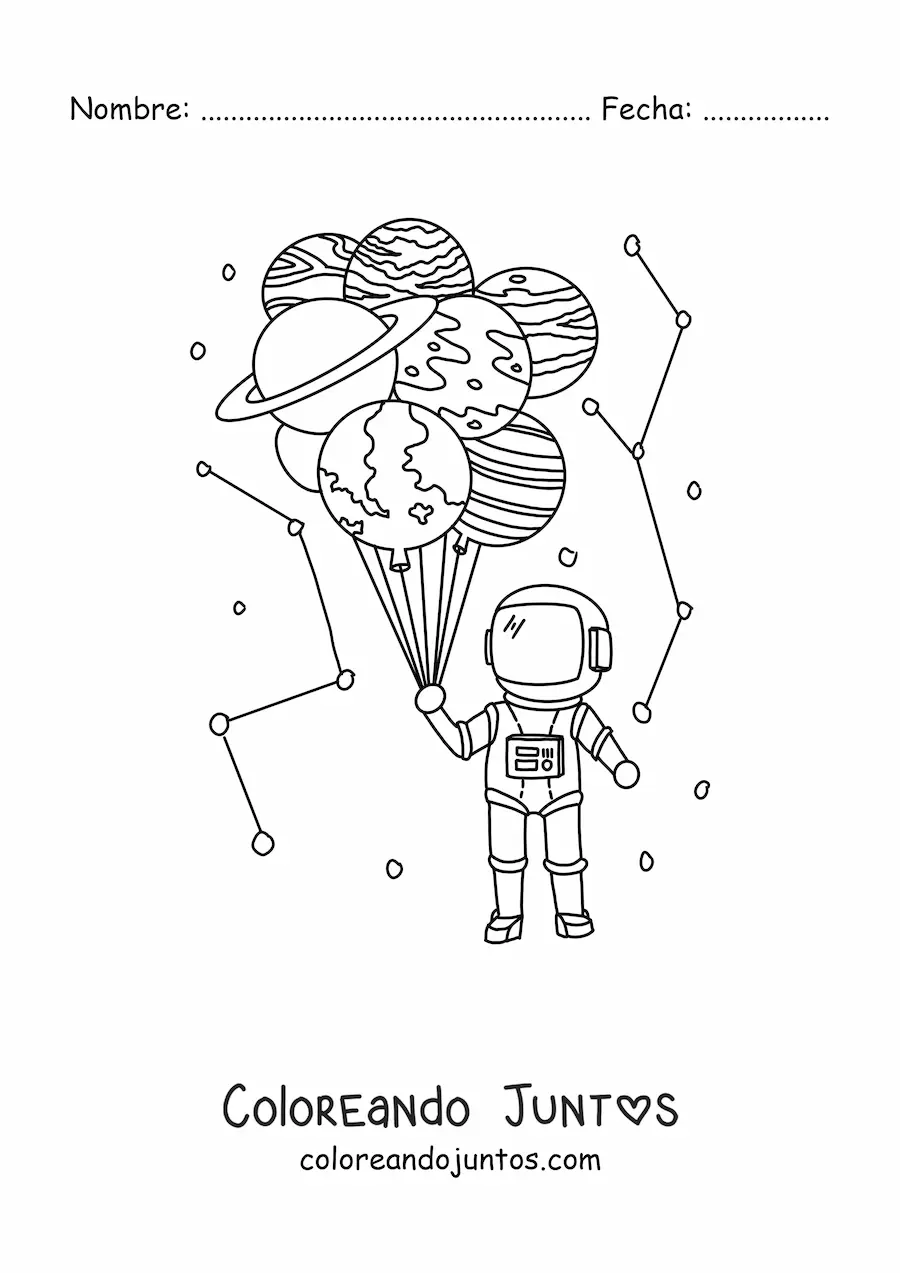 Imagen para colorear de un astronauta sujetando globos de planetas