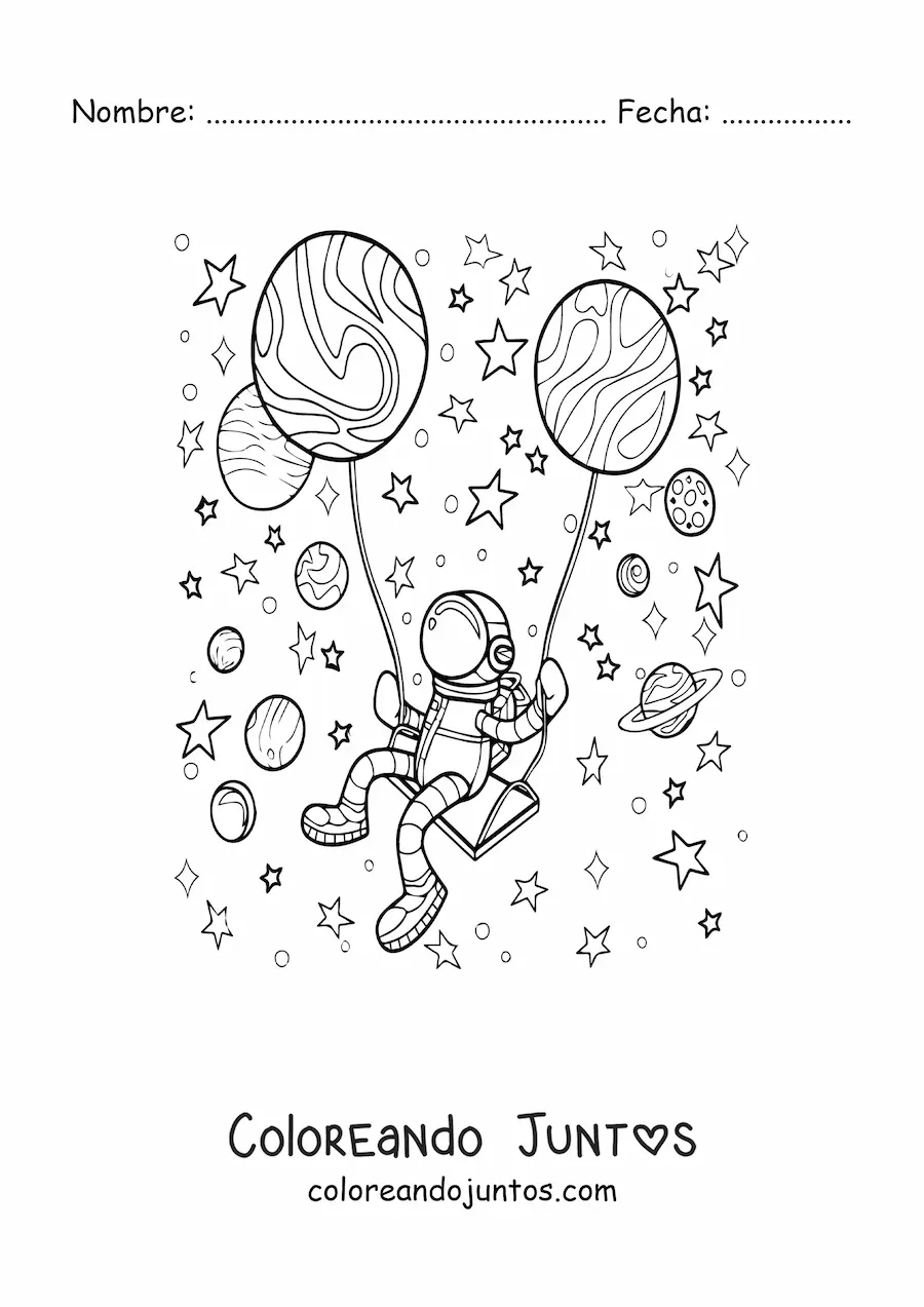 Imagen para colorear de un astronauta flotando en el espacio con globos de planetas