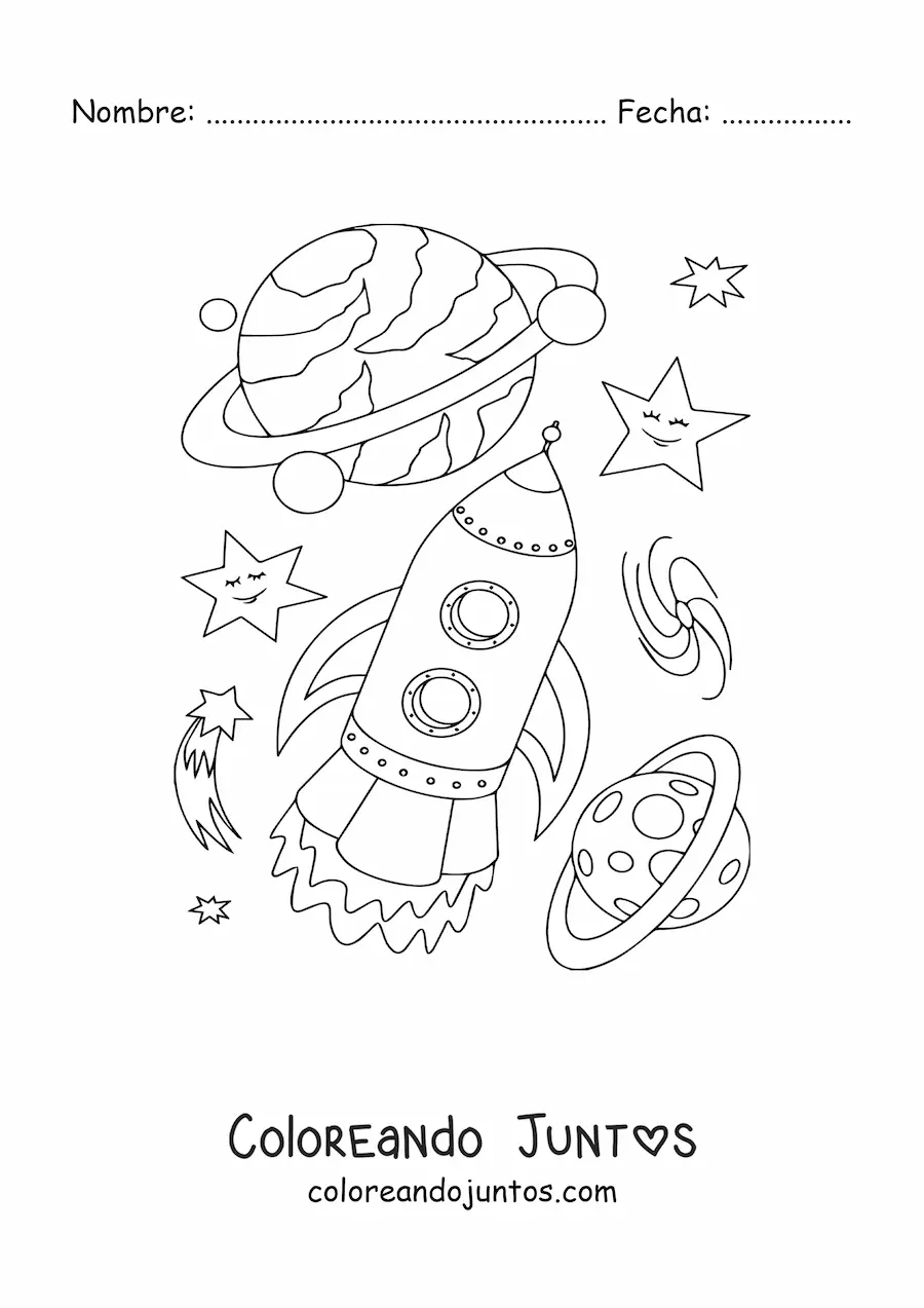 Imagen para colorear de un cohete y varios planetas