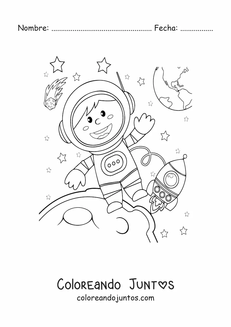 Imagen para colorear de un astronauta flotando en el espacio con la Luna y varias estrellas