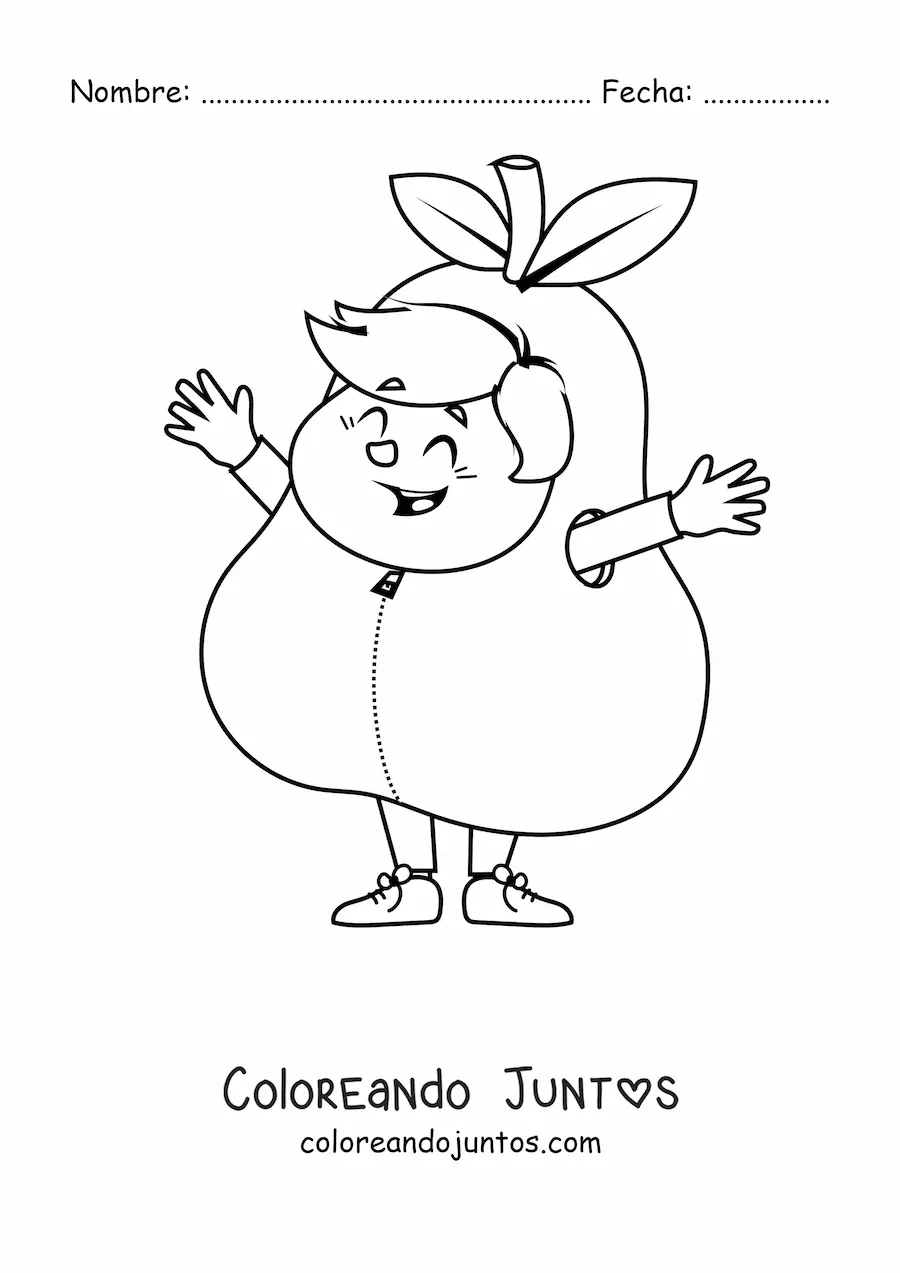 Imagen para colorear de un niño sonriente disfrazado de pera